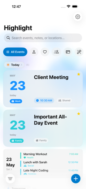 Highlight app showing an upcoming events timeline with a featured piano recital card at the top