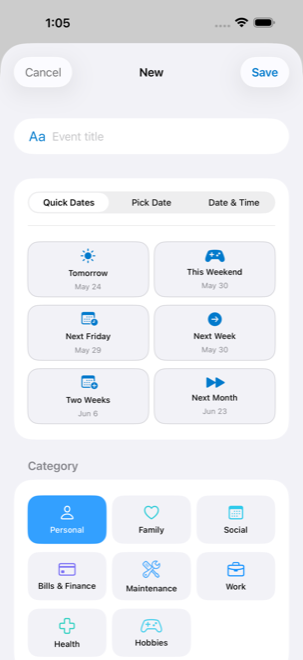 Highlight add event sheet with category and reminder options