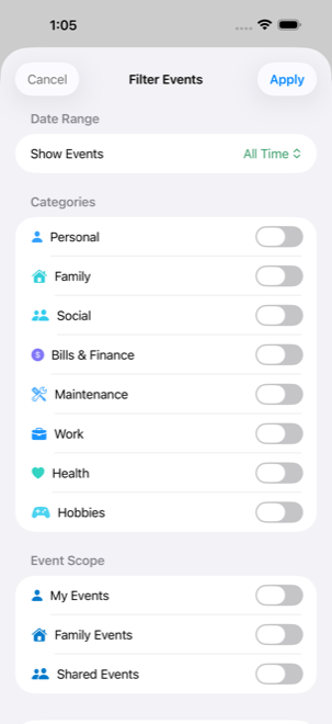 Highlight filter sheet showing Family and Health categories enabled